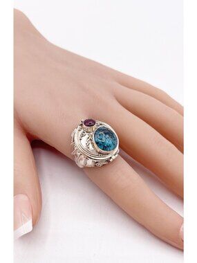 Vintage 925 Sterling Silver Amethyst And Turquoise Poison Ring Size 5.5 *READ*